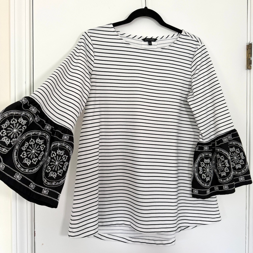 John Mark Womens Small Black White Striped Bell Sleeve Embroidered Medallion Top - Picture 3 of 10